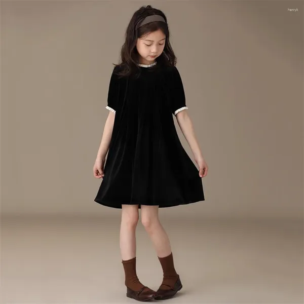 Vestidos da menina crianças designer de veludo manga curta verão para meninas do vintage preto adolescentes princesa elegante vestido noite crianças roupas