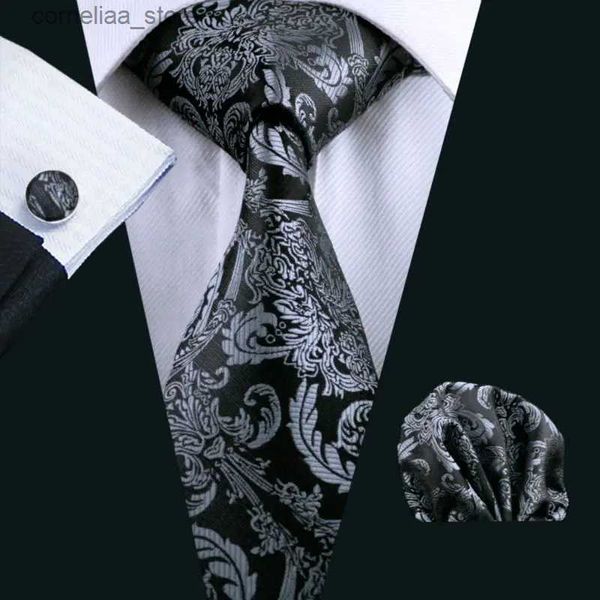 Gravatas Gravatas Gravatas LS-822 Mens Gravata Preto Paisley 100% Seda IC Barry.Wang Gravata Hanky Abotoaduras Conjunto para Homens Formal Festa de Casamento Noivo Venda Quente Y240325