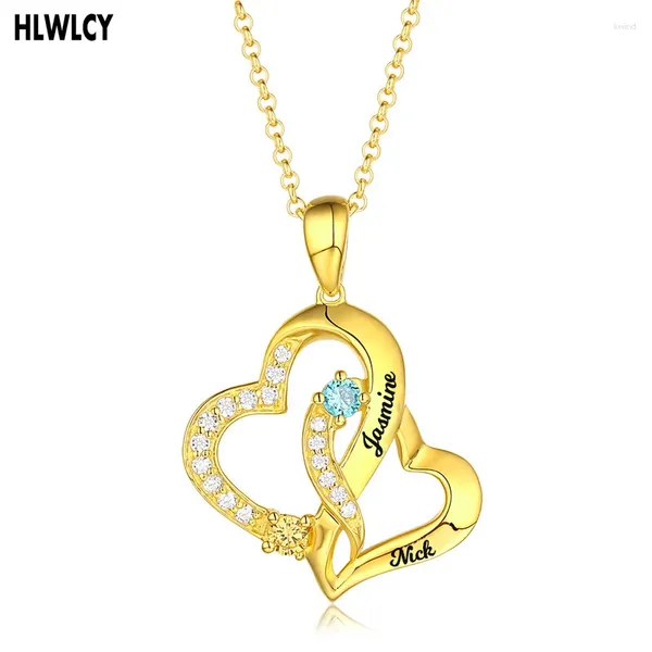 Collane con ciondolo Collana in argento 925 con lettera personalizzata con doppio cuore e nome inciso con catena girocollo in pietra portafortuna da donna color oro