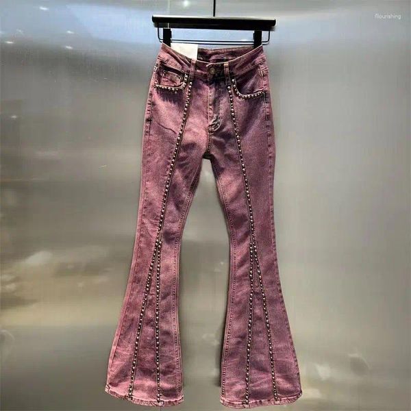 Jeans da donna 2024 Autunno Piccolo Rivetto Irregolare Lavaggio Da Fare Vecchio Sottile Campana Pantaloni Da Donna Mostra Skinny a vita alta