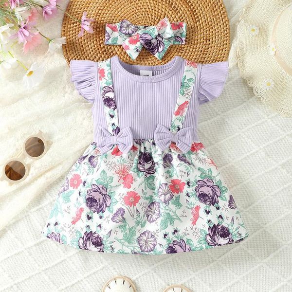 Vestidos de menina vestido de bebê roupas de algodão roxo manga curta retalhos estilo coreano doce aniversário para crianças