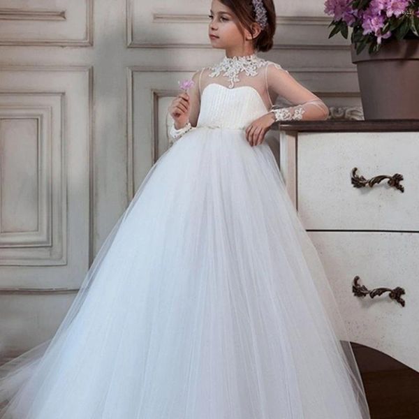 Mädchenkleider weißes Blumenkleid für Hochzeit Spitze Tüll Applique Volles Ärmel Kid Birthday Party Prinzessin Ballkleider Erste Kommunion