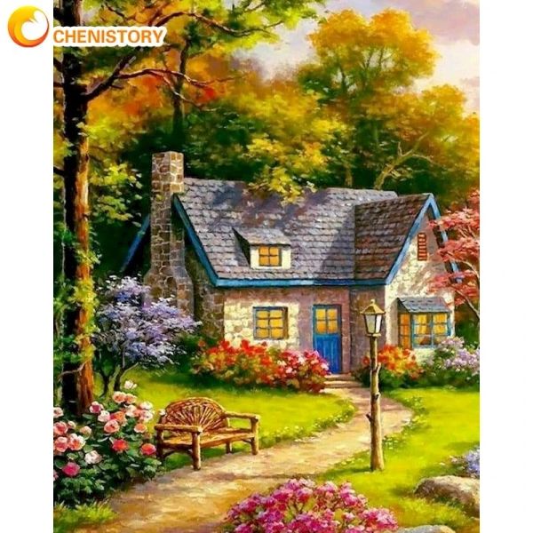 Número chenistory 40x50cm quadro pintura a óleo por números floresta casa paisagem pintura por número kits artesanais decoração de casa artesanato