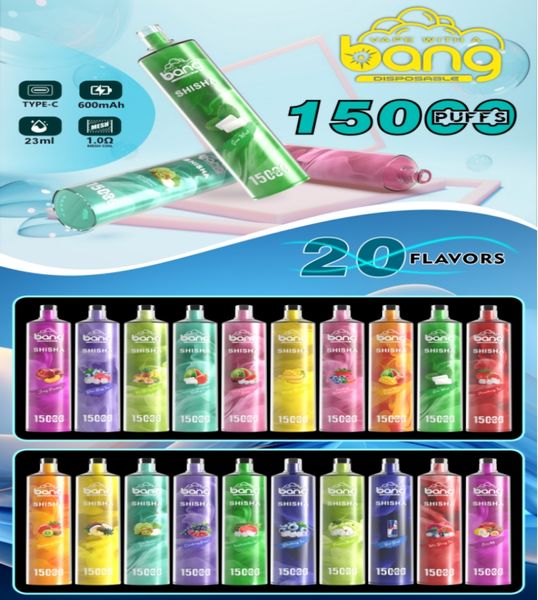 Bang shisha 15000 puflar orijinal tek kullanımlık e-sigaralar 650 mAh şarj edilebilir pil 23ml önceden doldurulmuş pod büyük buhar kiti hava akışı kontrolü vs jnr shisha hookah vape