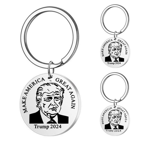 Outros suprimentos de festa festiva Trump 2024 Keychain Tornar a América Grande novamente a aço inoxidável da marca redonda de gravação do anel -chave Pingente 0417a