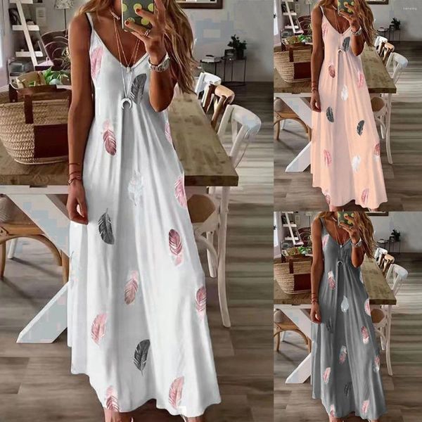 Vestidos casuais verão estilingue sundress sexy sem mangas v pescoço pena impressão maxi vestido estilo francês high street grande balanço vestidos