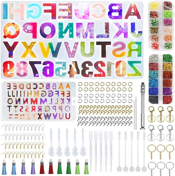 Anéis 294 PCs Número de alfabeto Diy Kit de molde de silicone, conjunto de moldes de resina epóxi, usada para fazer pingentes de chaveiro e outras obras de arte artesanais