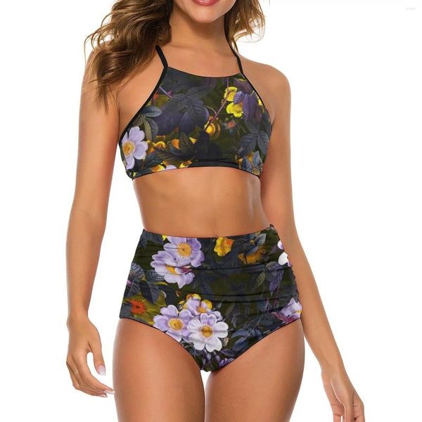 Conjunto de biquíni floral roxo feminino, roupa de banho com cordas da floresta da meia-noite, sexy, cintura alta, surf, estampado, roupas de praia engraçadas