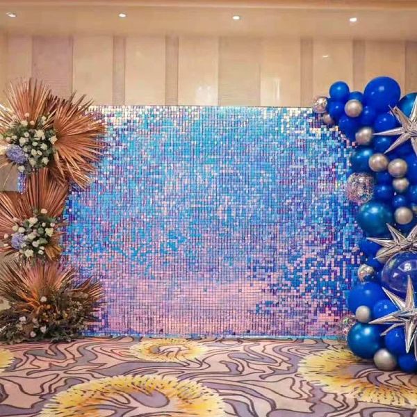 Cornice 18 pezzi Fondale per pannello da parete con paillettes luccicanti Blu Rosa Festa di matrimonio Compleanno Spettacolo Decorazione decorativa con glitter quadrati Iridescente