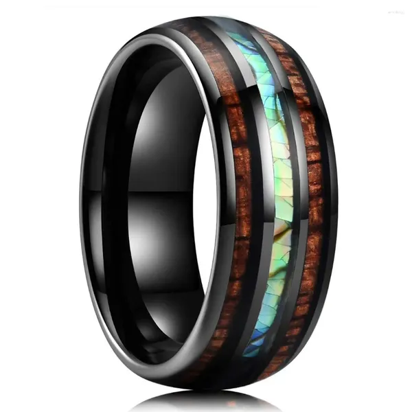 Hochzeit Ringe Mode 8mm Männer Schwarz Edelstahl Hawaiian Koa Holz Inlay Abalone Shell Für Frauen Band Schmuck Geschenke