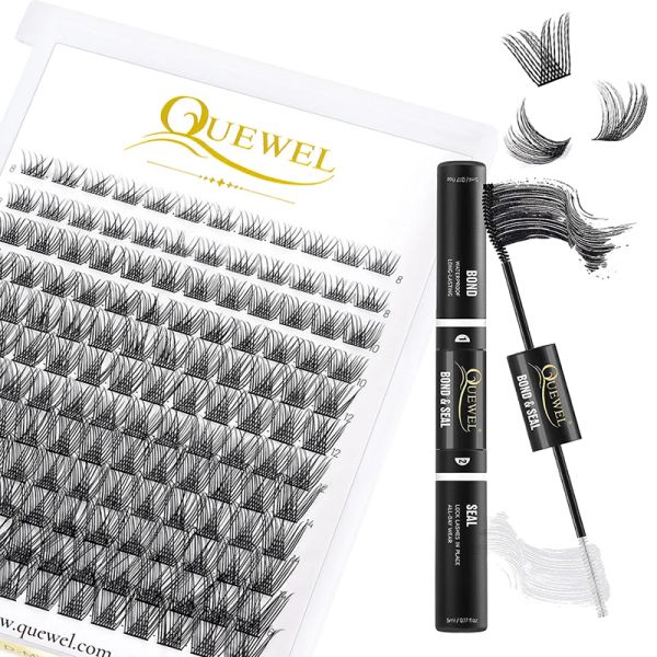 Cílios Quewel Lashes Kit 144pcs DIY Clsuter Cílios Extensão Bond e Seal Longa Duração Última Cola 72pcs Dovetail Cílios Segmentados