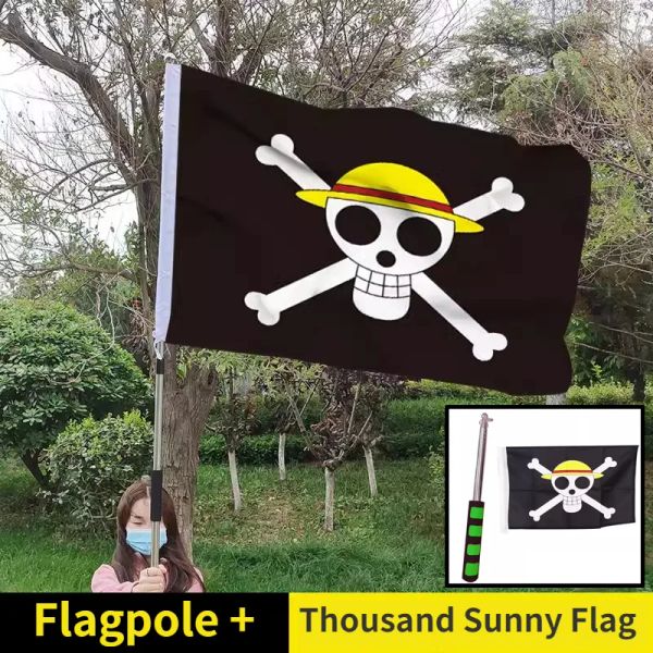 Zubehör 90 * 150 cm Anime One Piece Monkey D. Ruffy Schädelflagge THOUSAND SUNNY Piratenschiff Flagge Tapisserie Schiffsbanner Heimdekoration Tapisserie