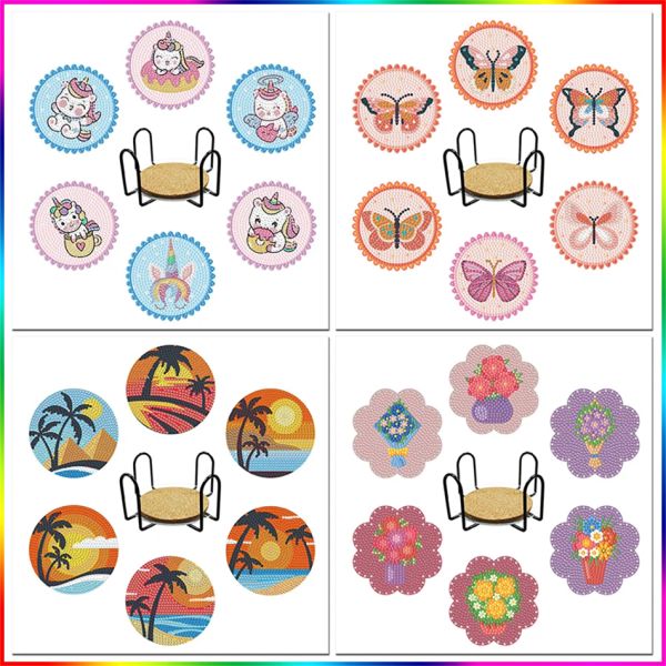 Stich Photokustom 6pcs/Set DIY Diamond Painting Coaster Cup Matten Pad Scenic Diamond Stickerei Runde Untersetzer Tisch -Tisch -Sace -Sace -Home -Dekoration