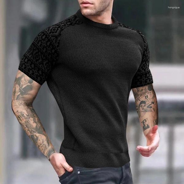 Homens camisetas Homens Primavera Outono Camisetas Top Crewneck Waffle Fino Juventude Casual Pulôver Suéter de Manga Curta Slim Bottom Sports Tees Camisa