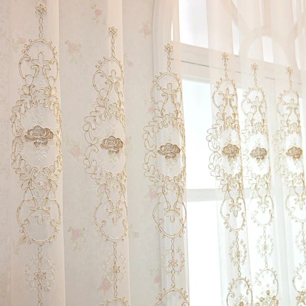 Cortinas luxuosas rosa com corda de seda dourada bordada em relevo tule transparente para quarto romântico cortinas de janela de casamento francês