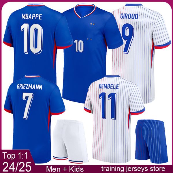 Fransız Erkek Futbol Forması Çocuk Futbol Kitleri 2024 2025 Franch Erkekler Futbol Formaları 24 25 Erkek Futbol Gömlek Kiti Mbappe Benzema Griezmann Giroud Gömlekler Maillot Ayak