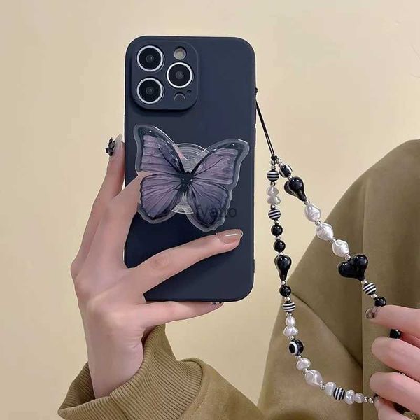 Casos de telefone celular Coreano Cute Butterfly Bracket Love Heart Hang Chain Soft Case para iPhone 14 Pro Max 12 13 11 Mini X XR XS 6 7 8 Plus SE2 Capa H240326