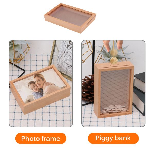 Boxen Fotorahmen Spardose Unisex Holzeinsatz Bildglas Sparschwein für Einweihungsparty Hochzeit Reise Heimaufbewahrung Dekoration