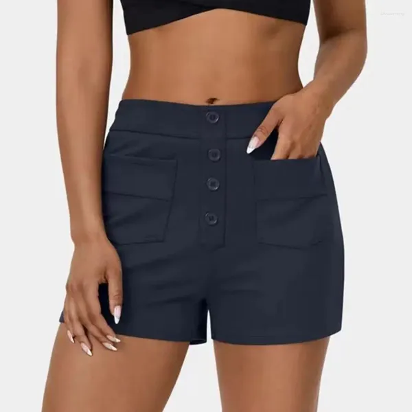 Damen-Shorts, ästhetisches Knopfdesign, stilvoll, hohe Taille, Sommer, mit Verschlusstaschen, schmal für Dating-Komfort