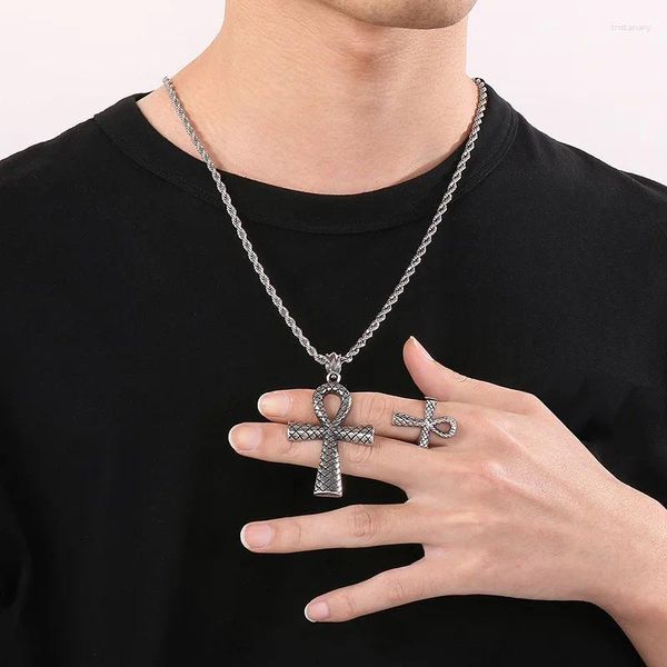 Комплект ожерелья и серег, модный крест из нержавеющей стали, мужской шарм 60 см, панк-ретро, змея, египетское кольцо, цепочка из жареного теста