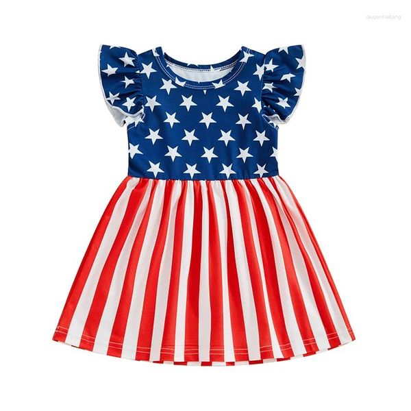Abiti da ragazza Summer Independence Day Kids Girls Dress Flying Sleeve Stars Stripe Print A-line Festival Clothes