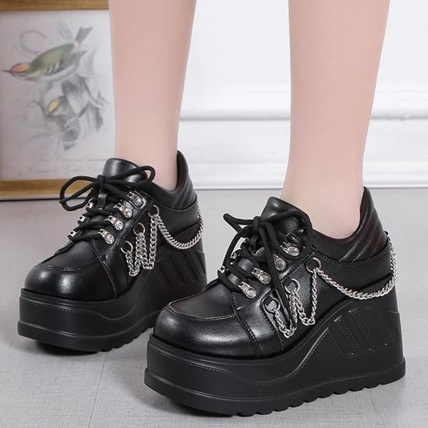 Mulher Metal Chain gótico punk 275 tênis de cunha alta de fundo grossa para mulheres Plataforma Black Chunky Sapatos uniformes Y2K 240315 846 Platm Unim