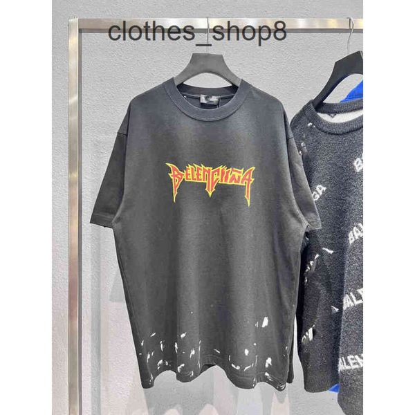 Balencigs camiseta versão B Família High 2024 Water Wash Ink Jet Paris desgastado Tinto fixo Tisão Print de manga curta Menina feminina HD9F