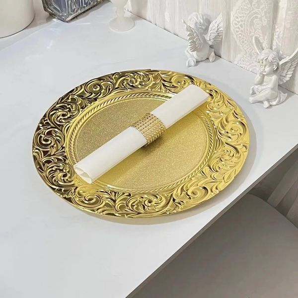6 pçs plástico ouro carregador placas 13 redondo modelado placemat jantar servindo bandeja casamento decoração de natal mesa lugar configuração 240318