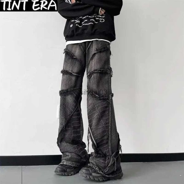 Jeans masculinos Y2K punk preto americano street rock retro cintura alta jeans masculinos de grandes dimensões lavados com bordas originais cor escura calça jeans masculina de perna largaL2403