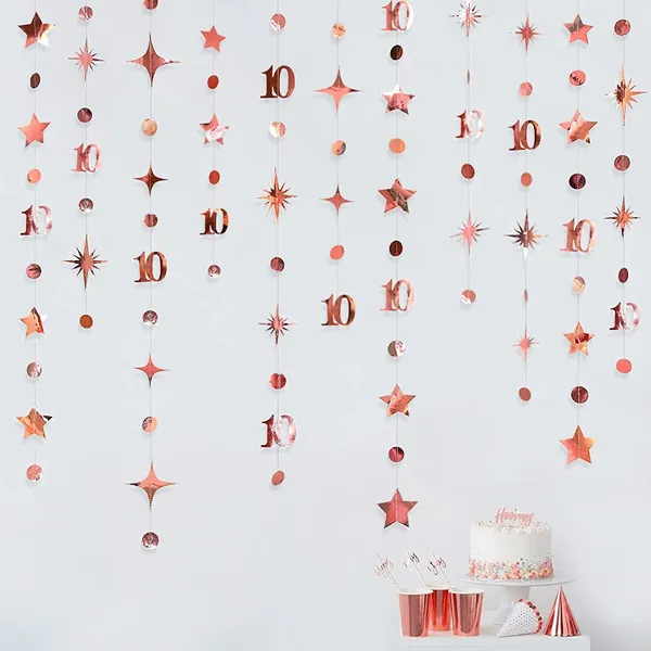 Decorazioni per feste In oro rosa 10 ° Decorazioni di buon compleanno Numero 10 Cerchio Punto Scintillio Stella Ghirlande Streamer di carta appeso per l'anniversario