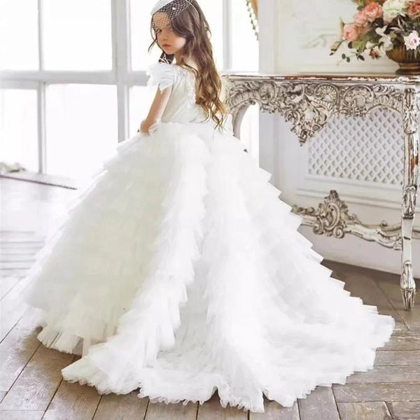 Abiti da ragazza Abito a fiori bianco/nero per matrimonio Abito da ballo per prima comunione con applicazioni di piume gonfie in tulle a strati per bambini