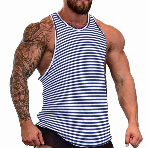 Classic Stripes Tank Top Azul Marinho e Branco Masculino Full Print Tops Workout Streetwear Sleevel Camisas w6xw #