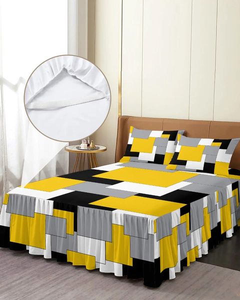 Saia de cama amarelo cinza preto retalhos arte abstrata estilo medieval colcha equipada com fronhas capa de colchão conjunto de cama