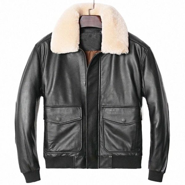 Plus Size Grosso Pele de Carneiro Quente Genuína Piloto Mens Turn-Down Collar Destacável Zipper Real Leather Aviator Jacket V4Eo #