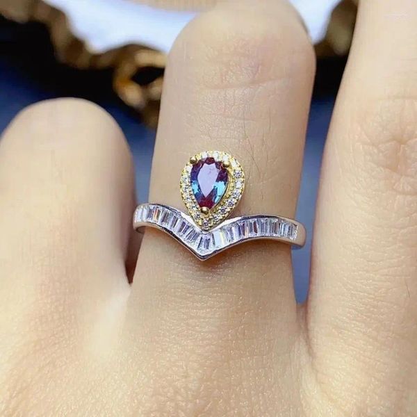 Anéis de cluster Alexandrite 925 Anel de prata esterlina curvado coroa de banda de casamento para mulheres