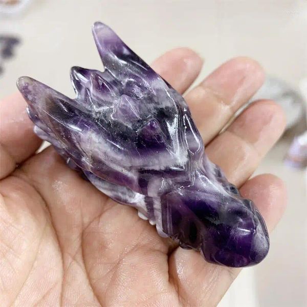 Dekorative Figuren, natürlicher Traum-Amethyst, handgefertigt, geschnitzte Drachenkopf-Schädel, poliertes Tier, kraftvolle Statue für Heimdekoration, Geschenk, 1 Stück