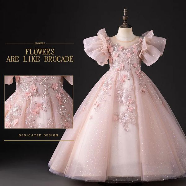 Jill luxo rosa dubai menina vestido 3d flores pérolas árabe princesa crianças festa de aniversário casamento longo vestido de baile 2024 j384 240312