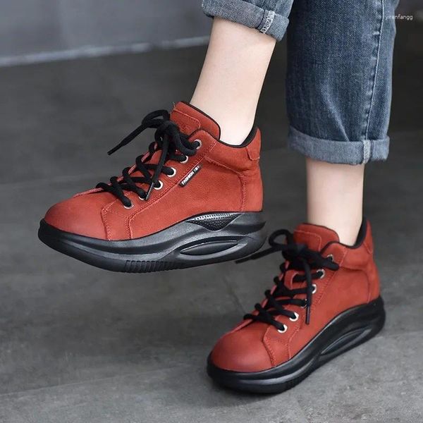 Sapatos casuais birkuir salto grosso plataforma plana feminino vermelho rendas até esporte ao ar livre lazer couro genuíno botas de luxo para senhoras