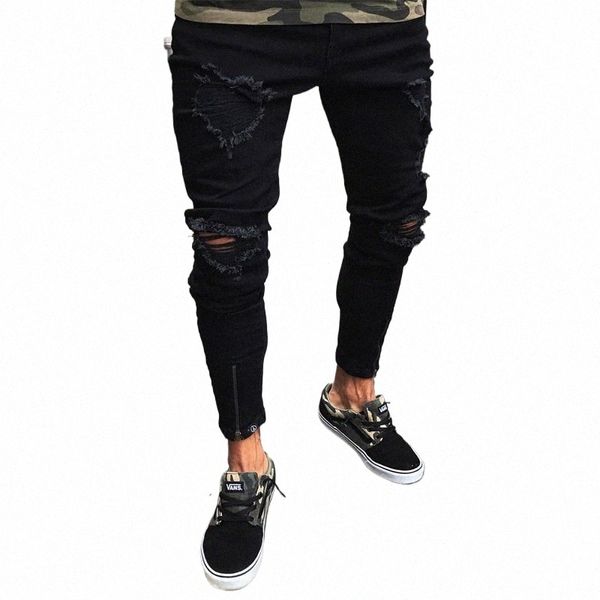Fi Homens Rasgados Jeans Skinny Destruído Desgastado Slim Fit Denim Pant Zipper Novo Design Slim Straight Hip Hop Calças Pretas j4Ex #