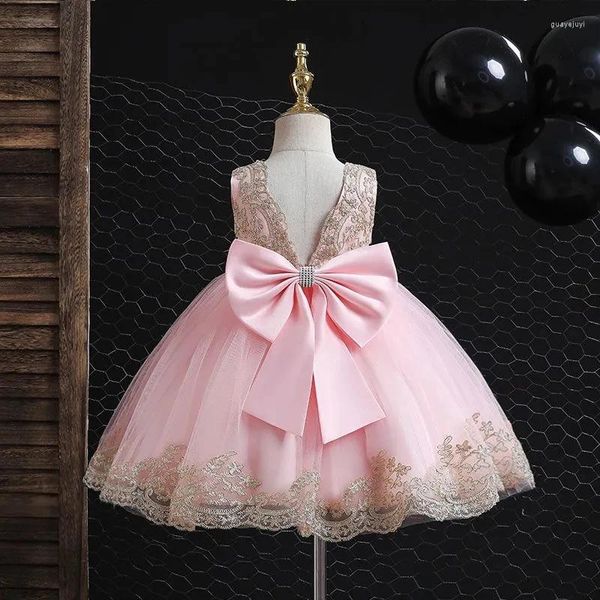 Платья для девочек, детское платье с v-образным вырезом на спине, дизайн, свадебная одежда с цветочным принтом, пышное праздничное платье принцессы с бантом и многослойным тюлем для младенцев