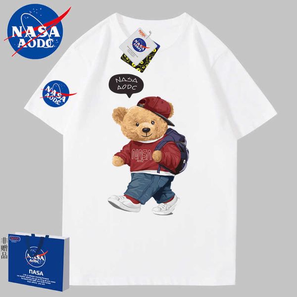 NASA AODC CO marca 2023 Nova Urso de verão Impressão de algodão puro Camiseta curta Camiseta casal Trendy Loose