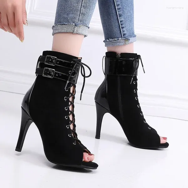 Tanzschuhe 2024 Latin Balck Wildleder Laser Salsa Damen Schnürstiefel für Damen Ballsaalschuh