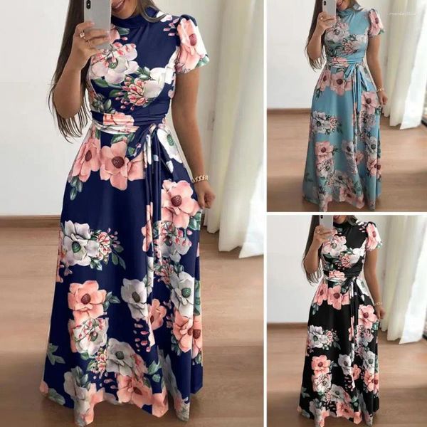 Abiti casual Abito da donna con stampa floreale Abito estivo leggero maxi con colletto a lupetto Cintura in vita da donna