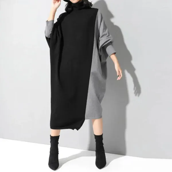 Abiti casual Black Grey Knitting Batwing Abito lungo Abito Donne Timberi Turtleneck Oversaze Fit Patchwork Fashion Tide Autumn Inverno 2024