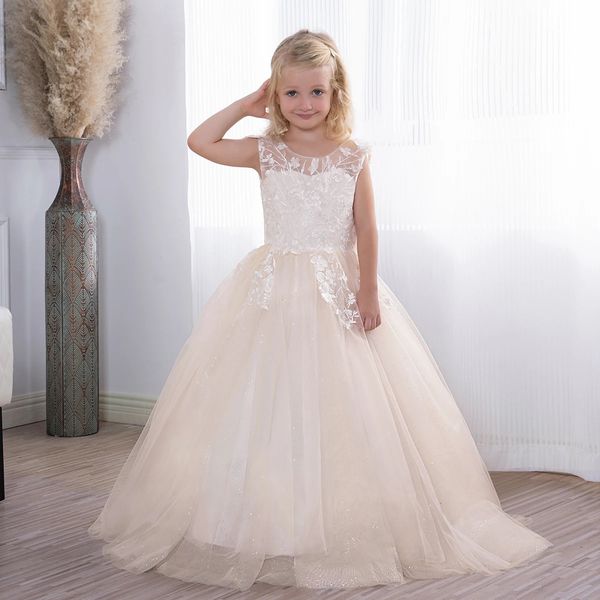 Helles Champagner-Blumenmädchenkleid, Spitze, Tüll, Glitzer, Kind, Hochzeit, Party, Prinzessin, Ballkleid, Kommunion, Robe, Princesse Fille 240309