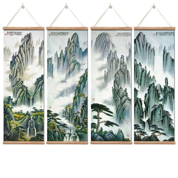 Каллиграфия в традиционном китайском стиле, чернила, пейзаж, горный холст для гостиной, спальни, настенный художественный постер, прокрутка из цельного дерева, картины, домашний декор