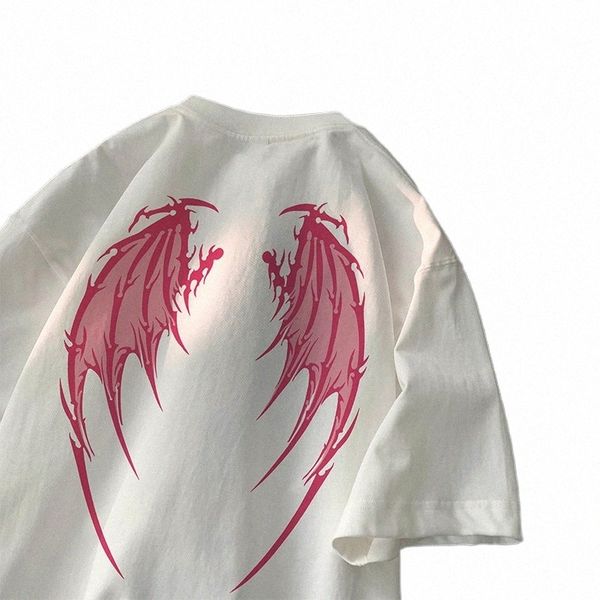 Angel Wings Impresso T-shirt Y2K Manga Curta Carta Impressão Tee 2024 Verão Novo Estilo de Rua Camisetas Tamanho Grande Unisex Tshirt Y5Pp #