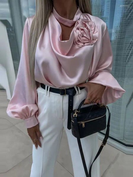 Blusas femininas chique moda 3d flor chiffon camisa senhora elegante com decote em v manga longa pulôver 2024 feminino high street topos