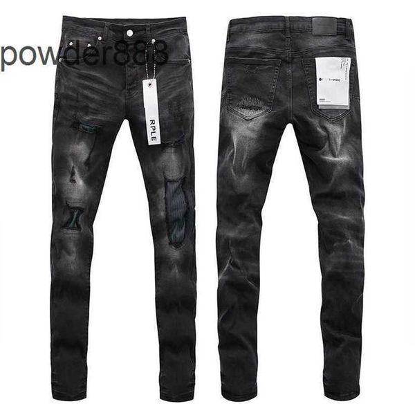 Jeans di marca viola American High Street effetto consumato slim fit gamba dritta toppa alla moda Fgpx
