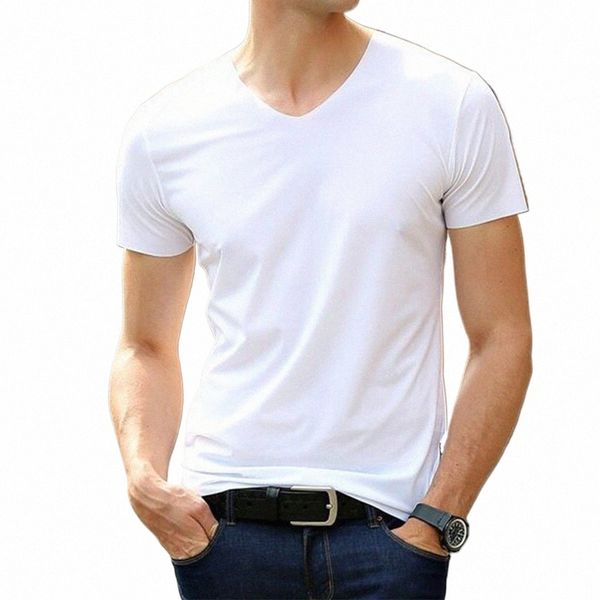Verão de manga curta masculina Ice Silk Trackl camisetas com decote em V Slim Fit Casual Sport T-shirt Man Tees Tops C9Ot #